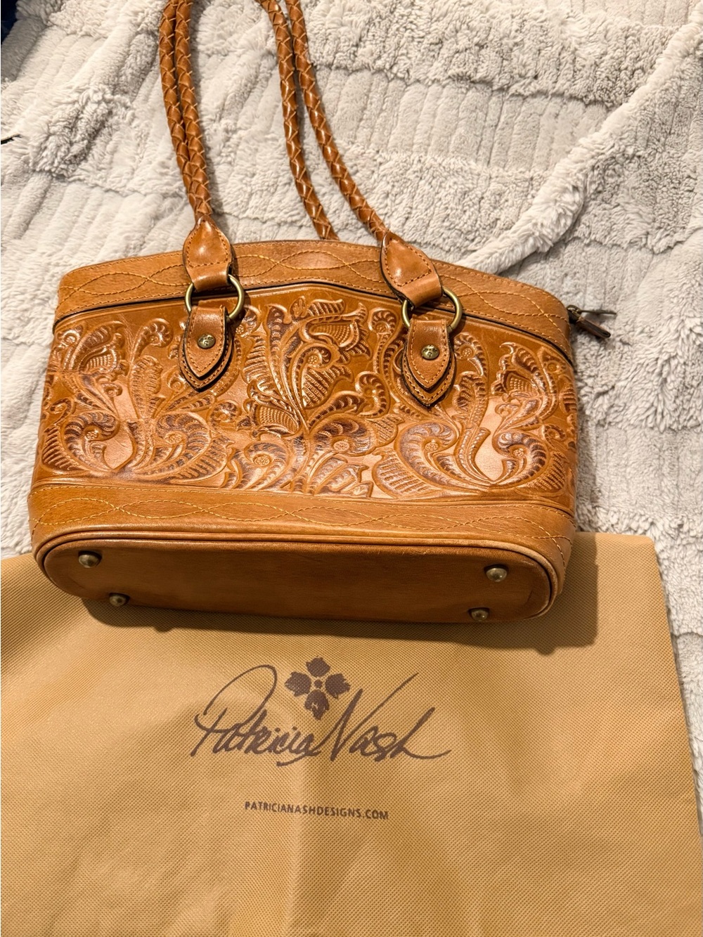Patricia Nash Paris Tan Tooled Leather Satchel Braided Handles